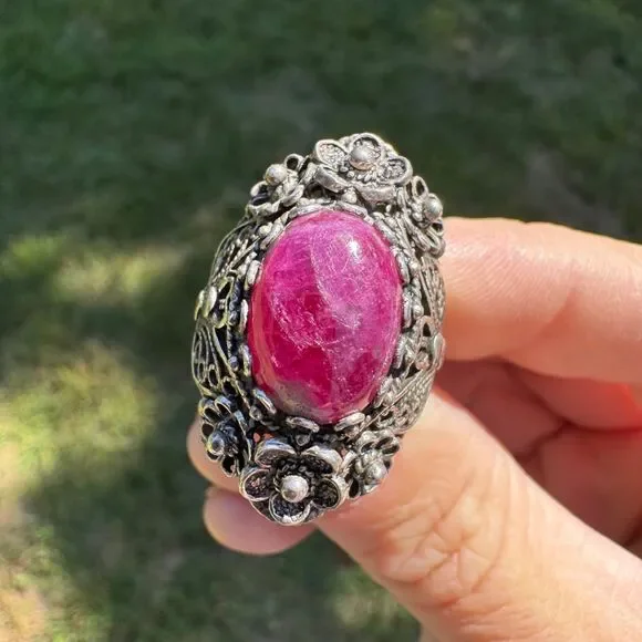 Vintage Sterling Silver Filigree Ring Size 8.5 DGS 925 Turkey Ruby Zoisite Cab
